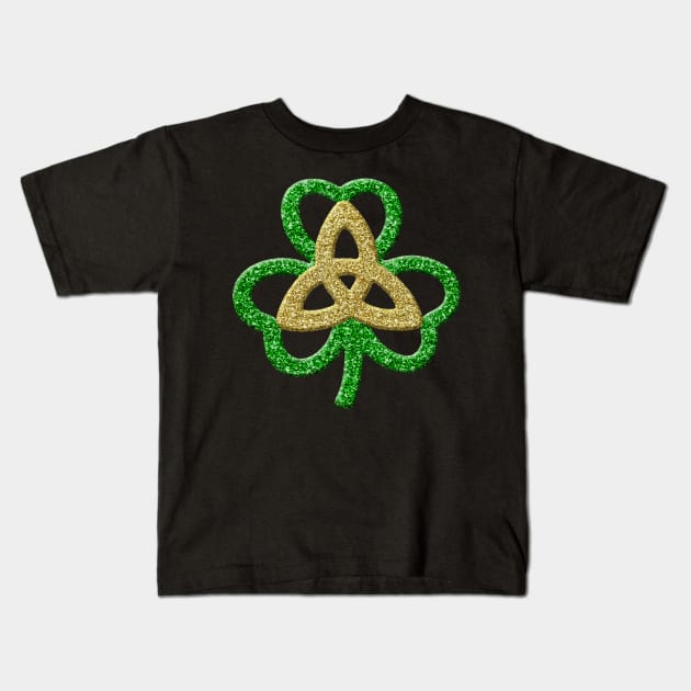 Green Gold Faux Glitter Shamrock And Trinity Knot Kids T-Shirt by Atteestude